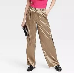 NWT A New Day Wide-Leg Satin Cargo Pants Trousers in Taupe Champagne Women’s 16